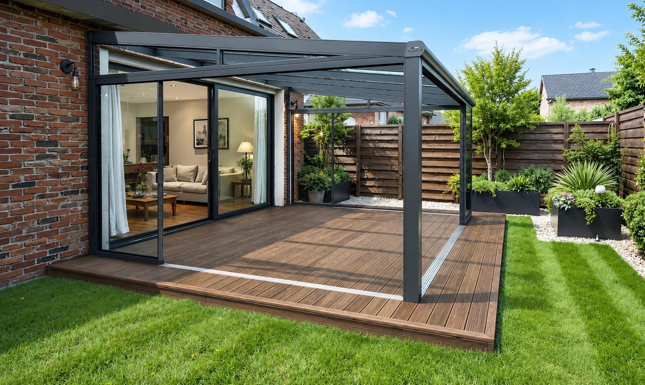 Terrasse en bambou durable pour le jardin Terrasse en bambou surélevée avec salon de jardin et parasol