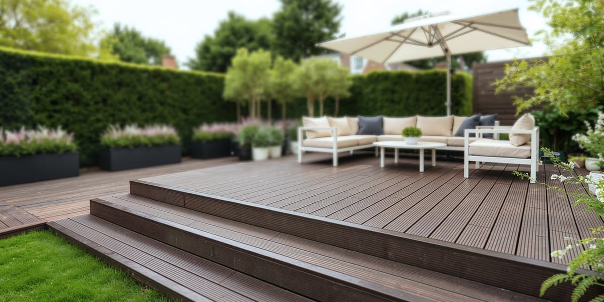 Terrasse en bambou durable pour le jardin Terrasse en bambou surélevée avec salon de jardin et parasol
