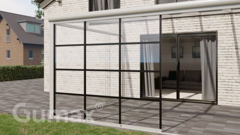 Steel Look glass sliding door 3-rail system matt white 2940mm wide with passage height of 1980mm – 2020mm