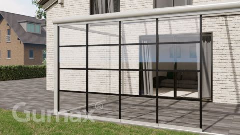 Steel Look glass sliding door 4-rail system matt white 3920mm wide with passage height of 2480mm – 2520mm