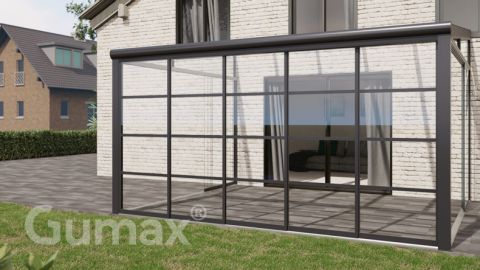 Steel Look glass sliding door 5-rail system matt anthracite 4900mm wide with passage height of 2280mm – 2320mm